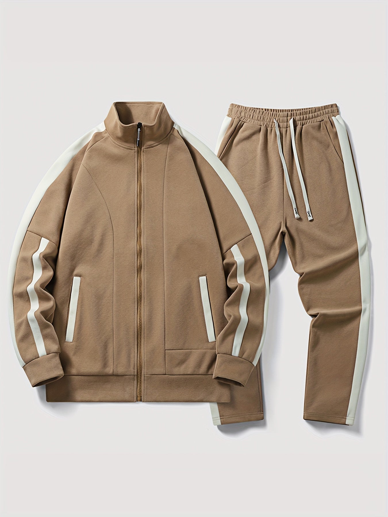 Men's black tracksuit two-piece set with white contrast stripes, slim athletic fit for gym and casual wear