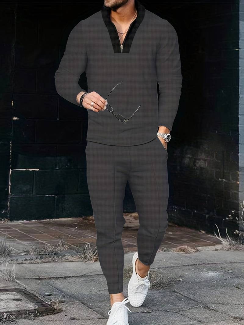 Men's matching shirt and pants set casual two-piece coordinated outfit textured fabric everyday wear