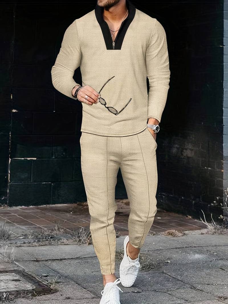 Men's two-piece matching shirt and pants set casual textured fabric coordinated everyday outfit