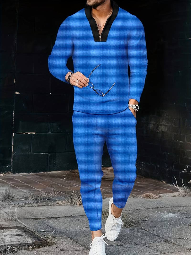 Men's matching shirt and pants set casual two-piece textured fabric coordinated everyday outfit