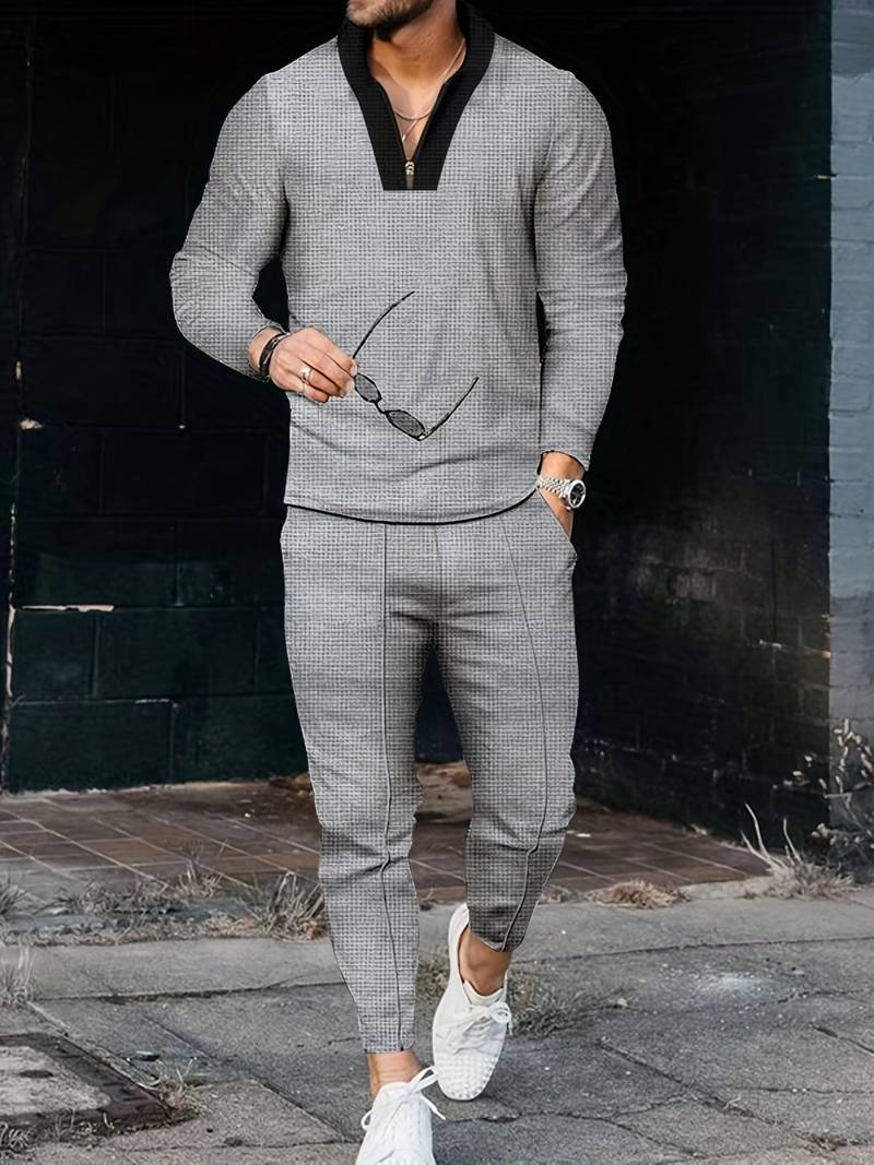 Men's matching shirt and pants set casual two-piece textured fabric coordinated everyday outfit