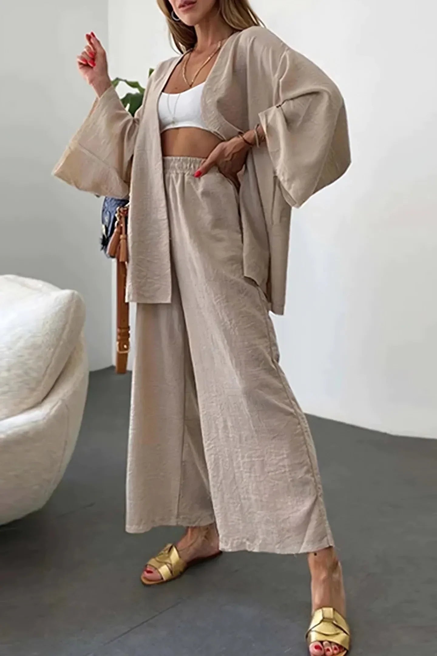 Women's linen two-piece set oversized blazer and matching pants breathable summer coord