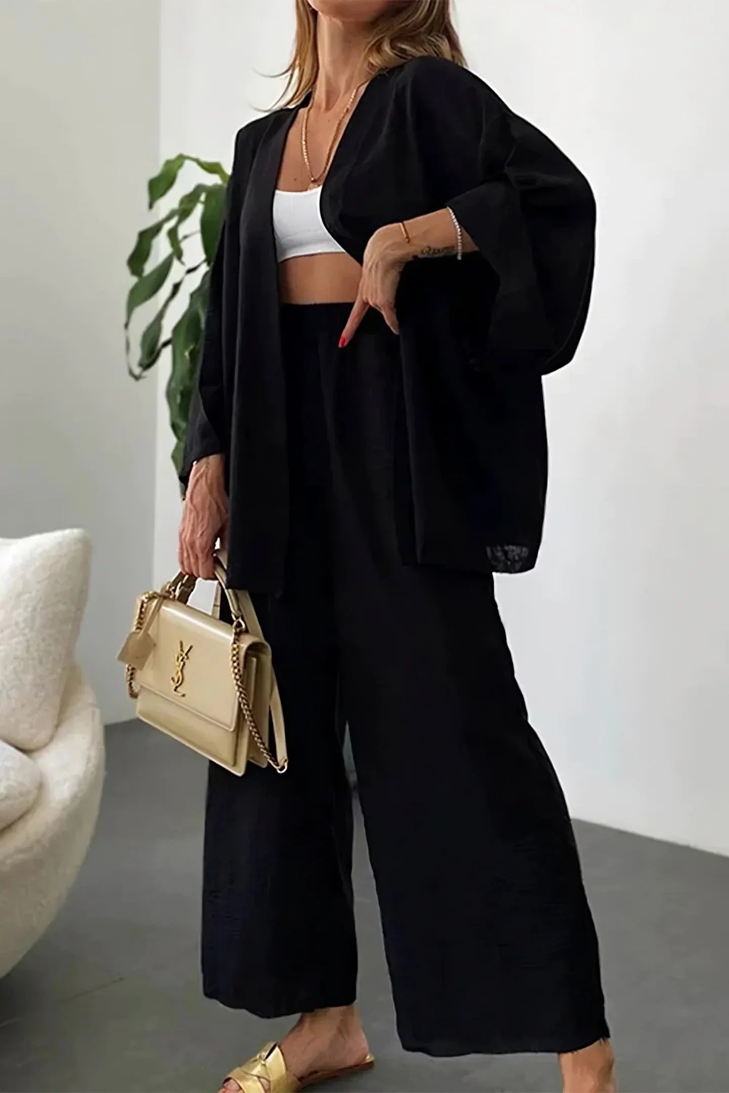 Women's linen two-piece set oversized blazer and wide-leg pants breathable summer coord