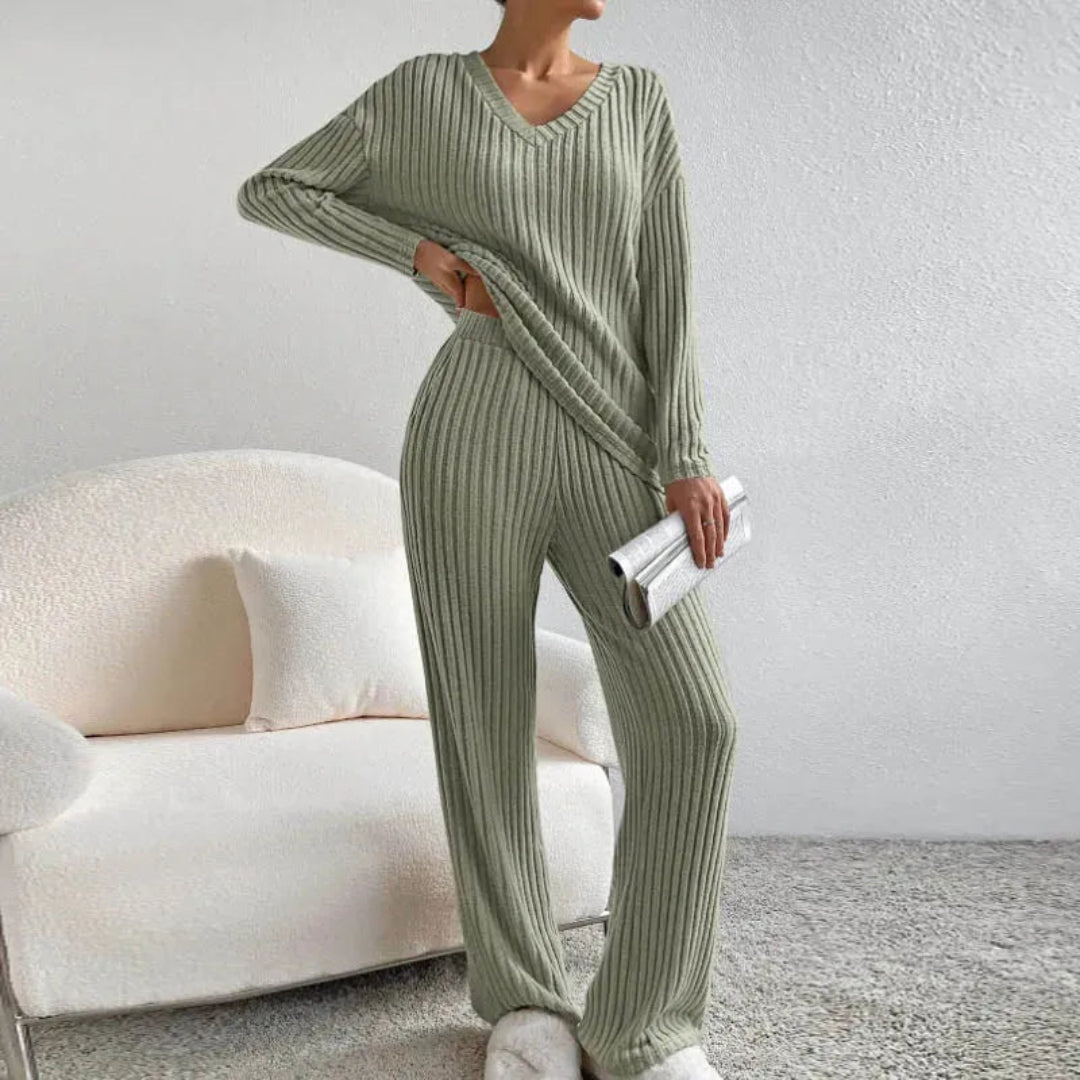 Women soft cotton blend loungewear set V-neck sweater wide leg pants relaxed fit two-piece