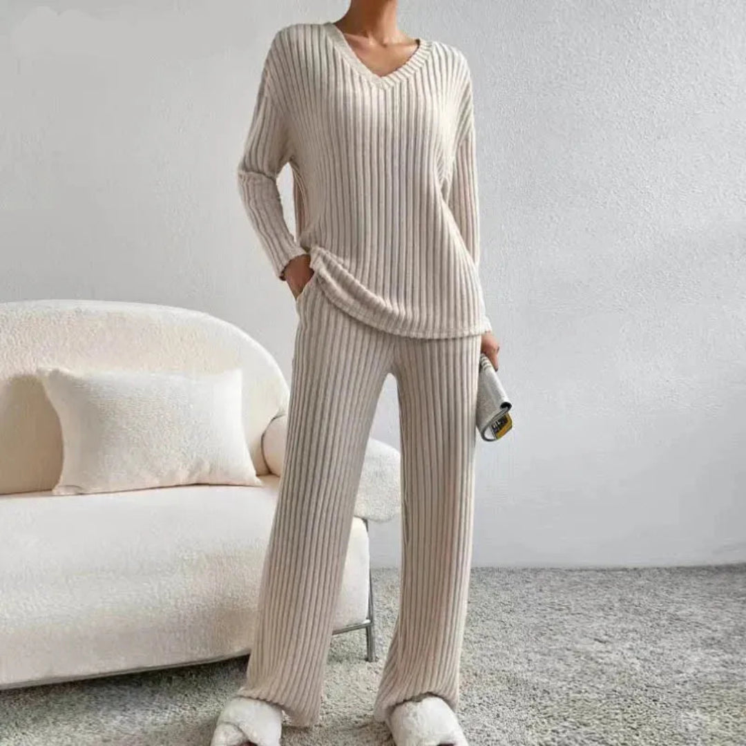 Women soft cotton blend loungewear set, V-neck sweater and wide leg pants, relaxed cozy fit