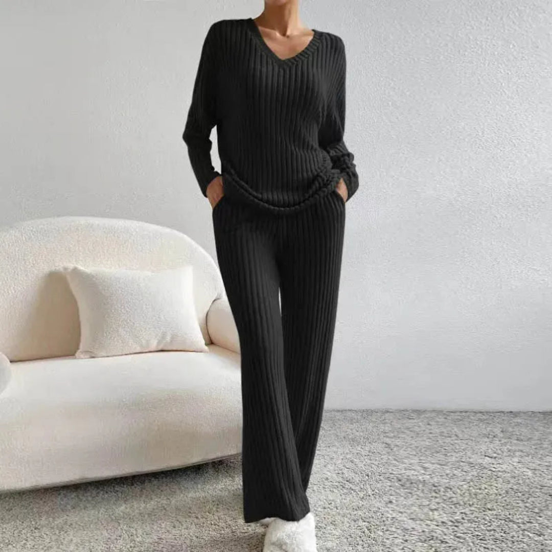 Women's soft cotton blend loungewear set, V-neck sweater and wide leg pants, relaxed fit