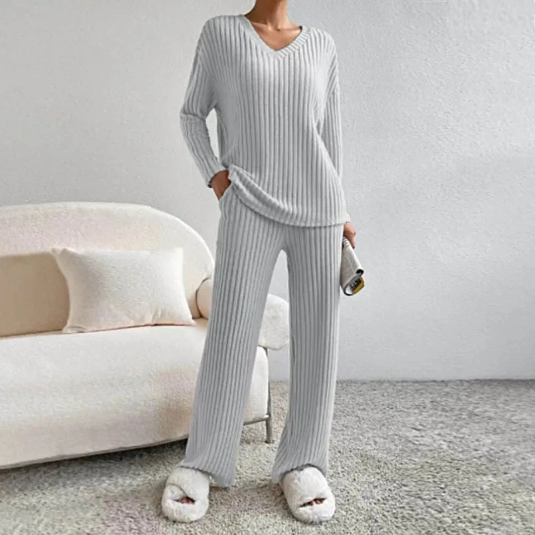 Women soft cotton blend loungewear set V-neck sweater wide leg pants relaxed fit two-piece