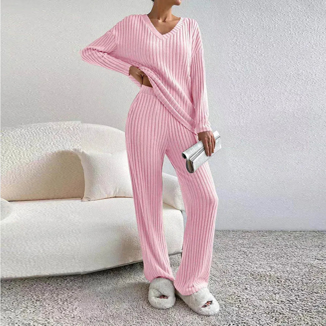 Women soft cotton blend loungewear set, V-neck sweater and wide leg pants, relaxed fit