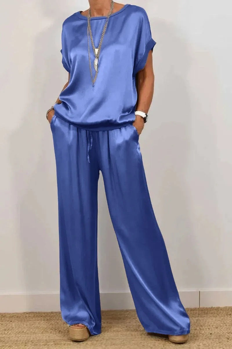 Women's satin two-piece set minimalist chic short sleeve top with wide-leg pants breathable polyester