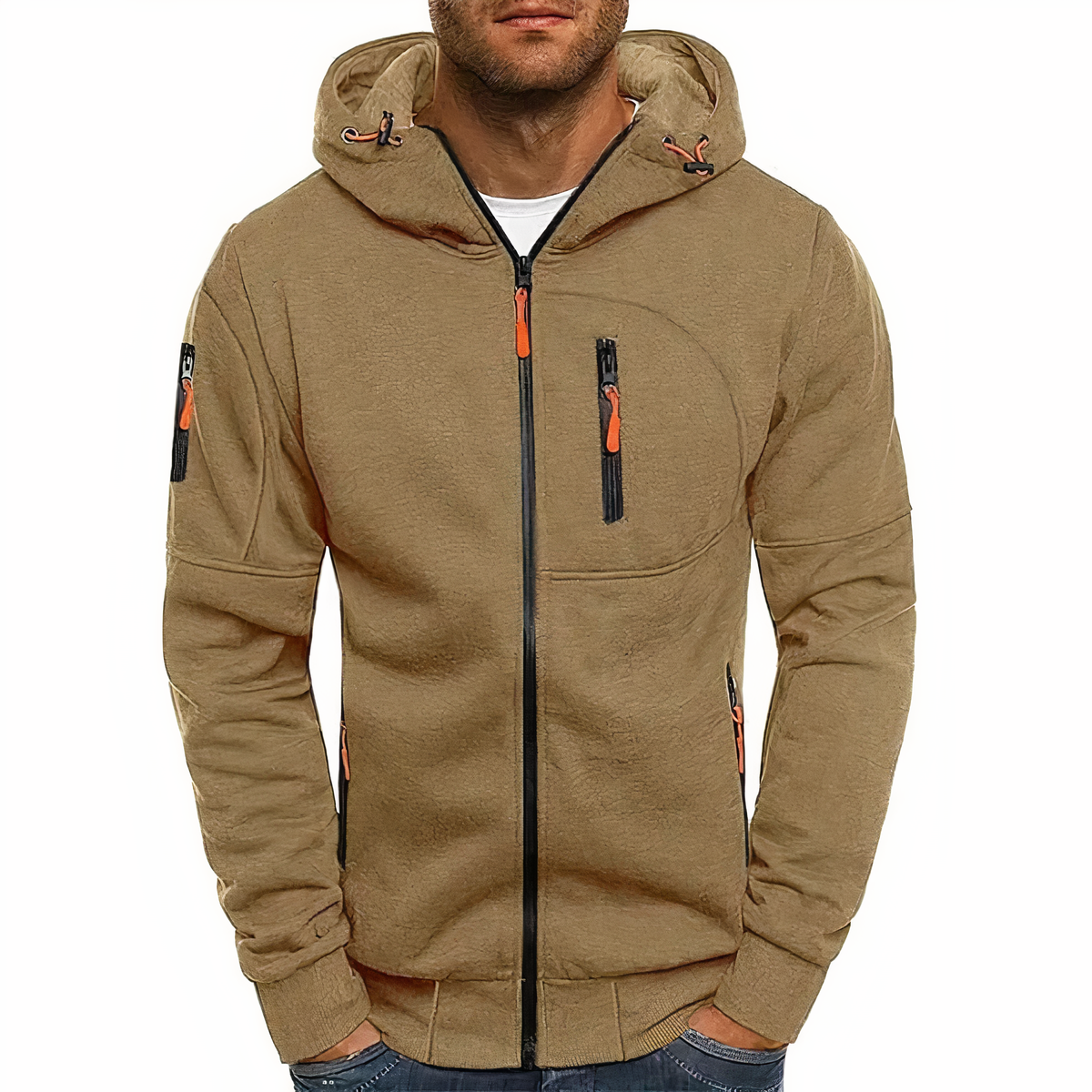 Men's lightweight urban zip-front hoodie with adjustable contrast hood cords and practical pockets