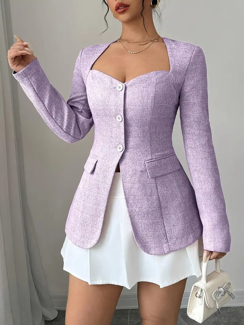 Women's fitted beige buttoned jacket square neckline structured chic office-to-evening silhouette