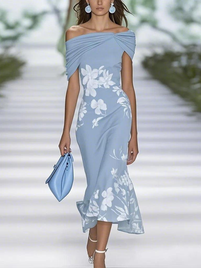 Women's floral print double tunic A-line dress with breathable fabric and elegant flowing silhouette