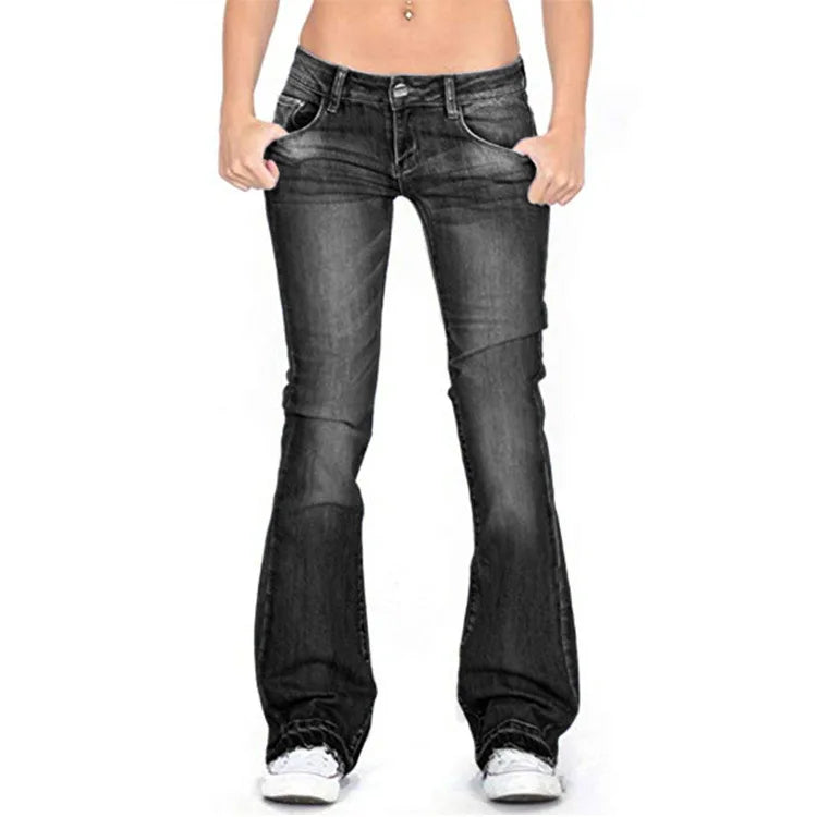 Women's low-rise flared pants vintage style elongated silhouette comfortable wide-leg retro fit