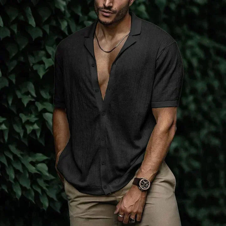 Men's relaxed-fit linen cotton short sleeve shirt, lightweight open-collar summer casual style