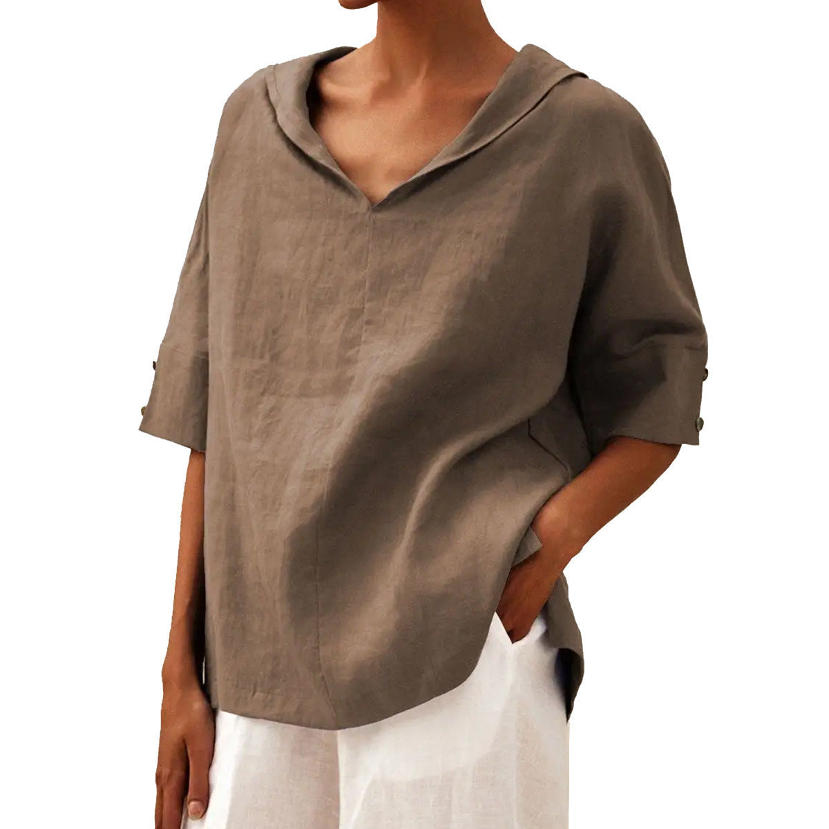 Women's solid V-neck half-sleeve blouse relaxed casual fit versatile everyday chic comfort top