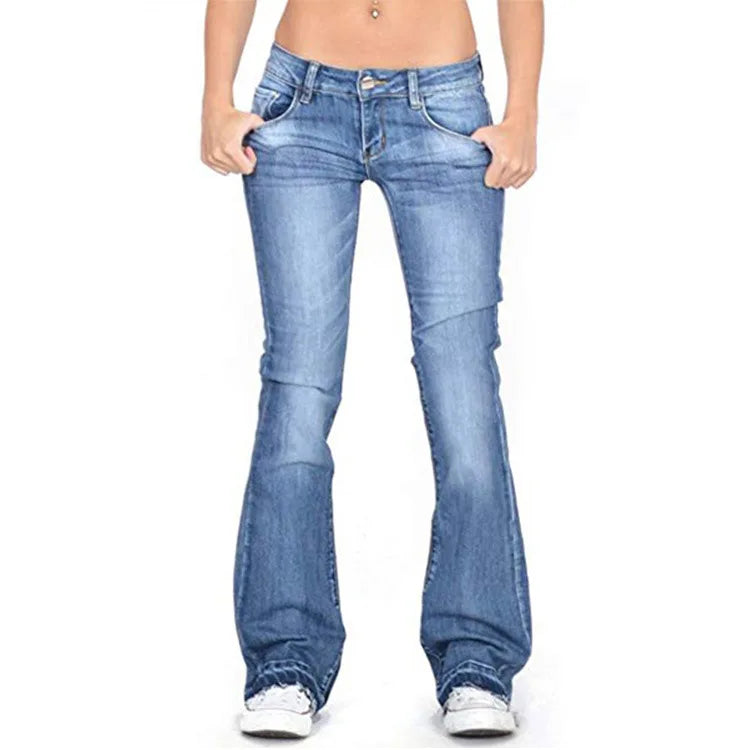 Women's vintage low-rise flared pants with elongated silhouette in classic retro style