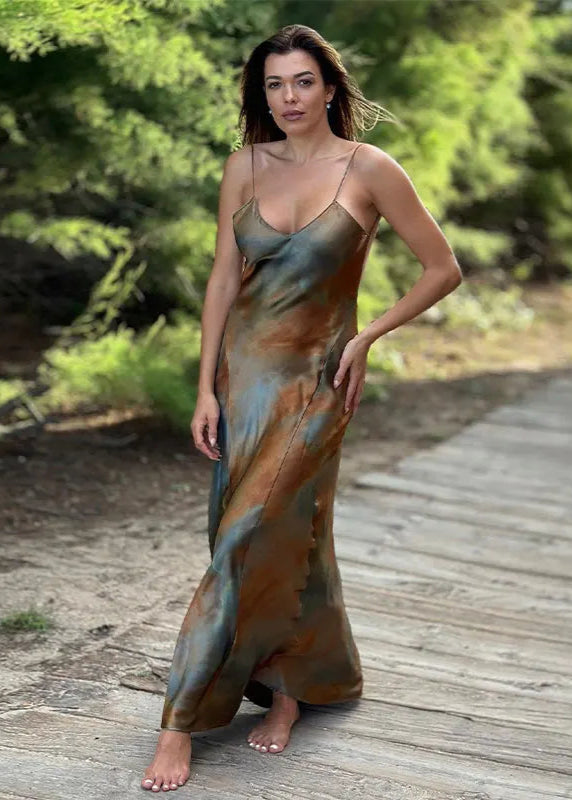 Women's satin wildlife-print backless maxi dress with thin straps, elegant summer evening silhouette