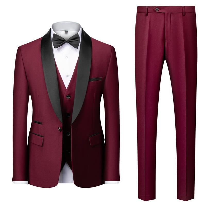 Men's 3-piece navy suit with bow tie, modern fit tailored jacket vest trousers for weddings