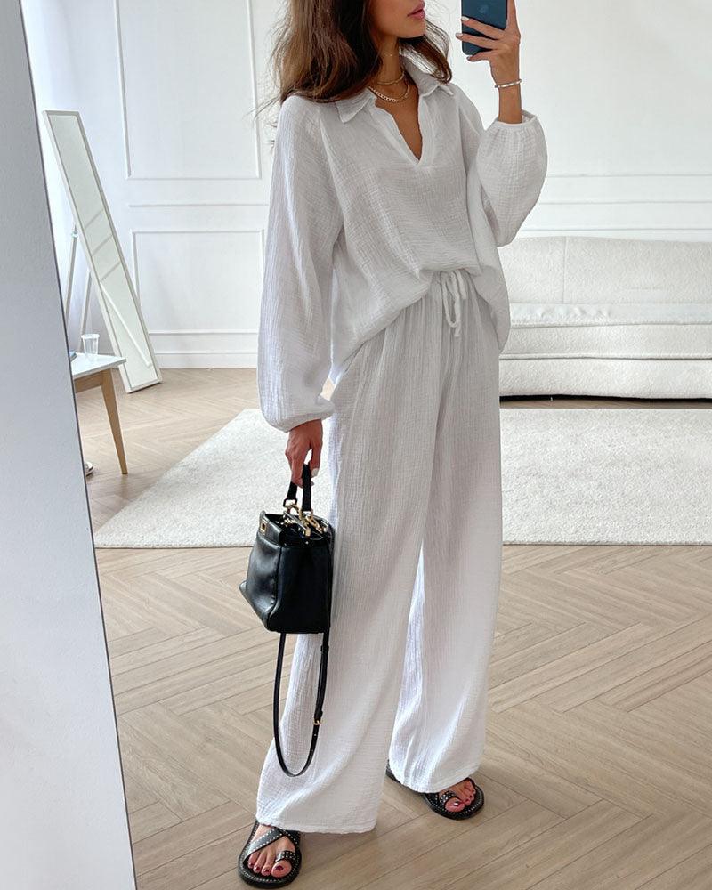 Women's casual two-piece set V-neck top with coordinating bottom in polyester fall style