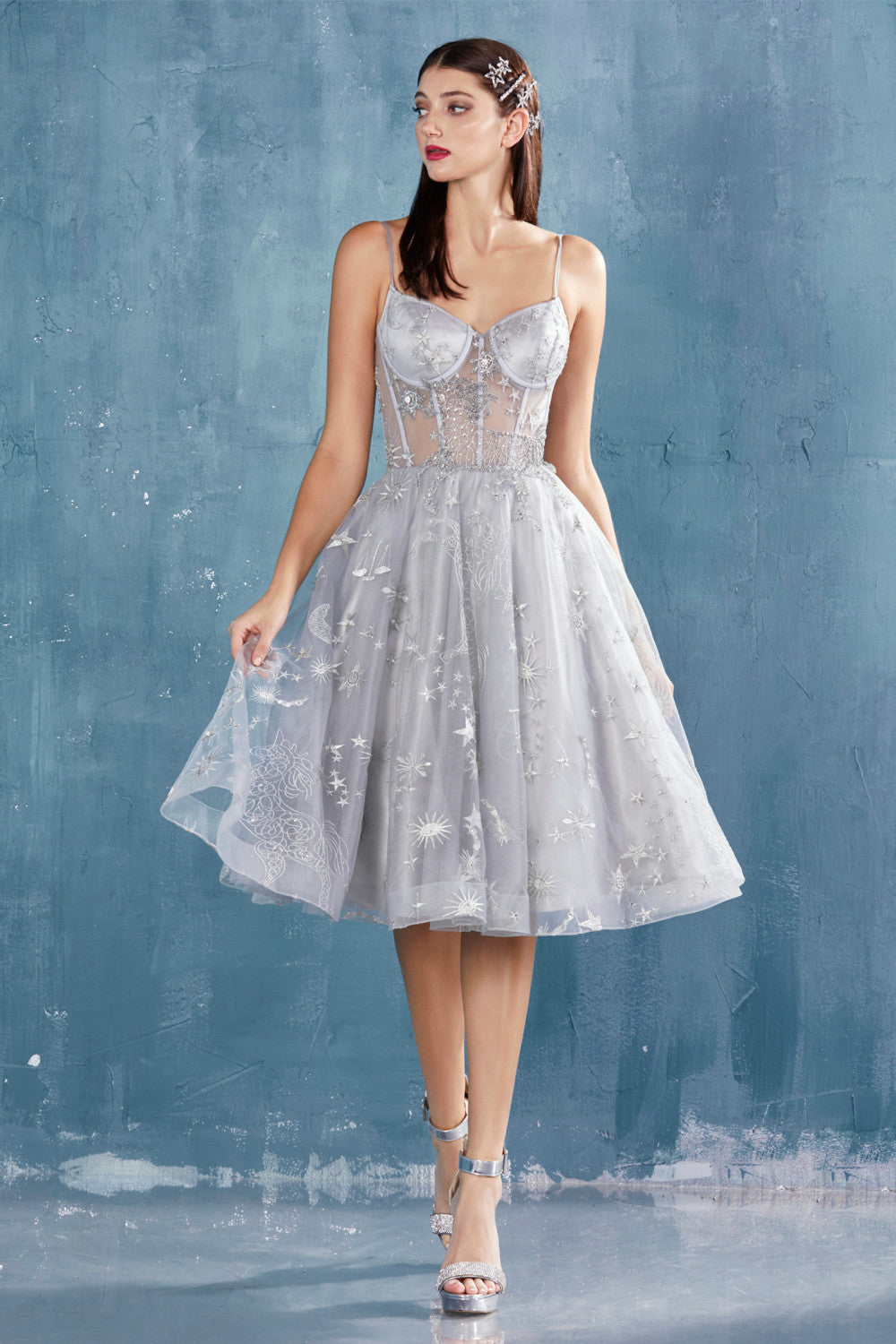 Andrea Leo A0823 short spaghetti strap A-line homecoming dress teens shimmering knee-length tulle