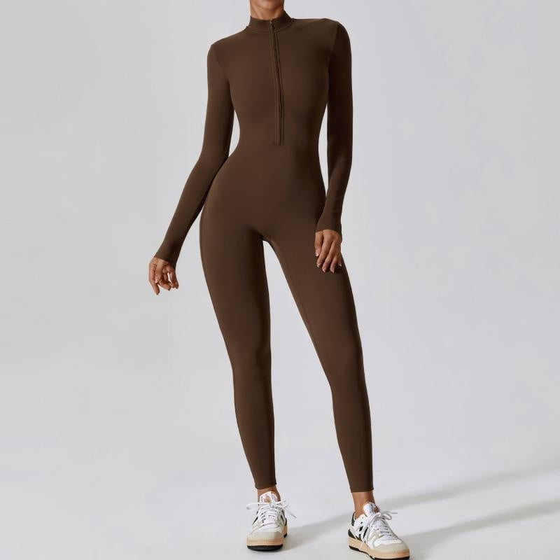 Women's seamless sports jumpsuit in neutral tone, slim athletic cut with friction-free yoga fit