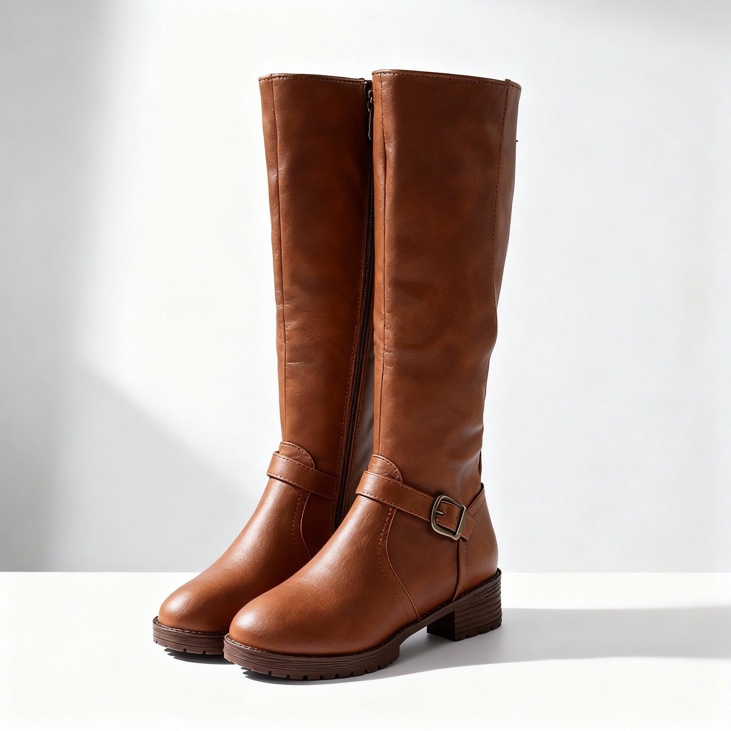 Women's brown faux leather knee-high riding boots with lug sole, buckle detail, and side zip