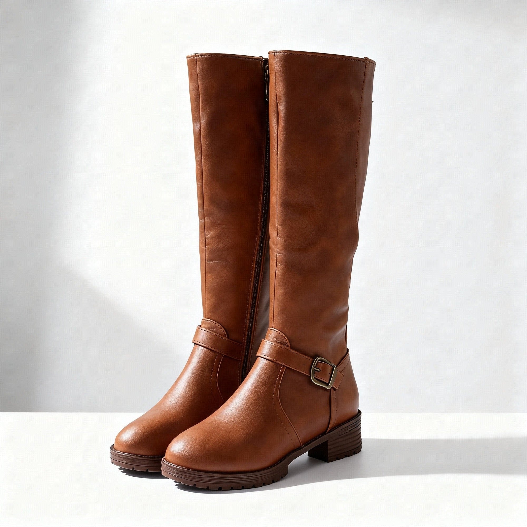 Women's brown faux leather knee-high riding boots with lug sole, buckle detail, and side zip