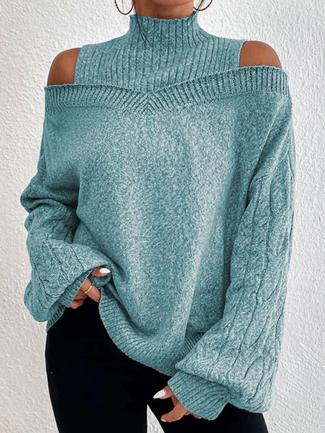 Ivory loose-fit high neck cutout off-shoulder knit sweater with long sleeves and half-turtleneck