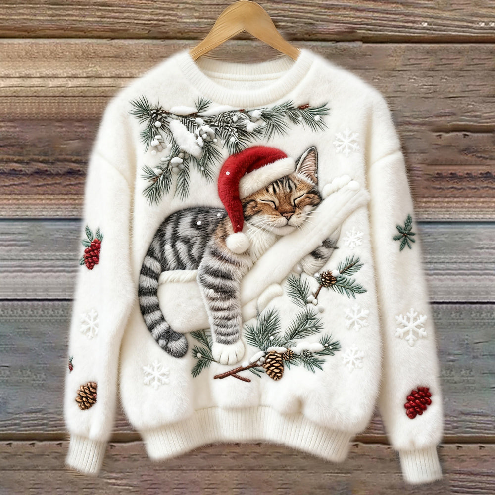 Cozy Christmas knit sweater with sleepy cat in Santa hat, warm festive holiday design for cat lovers