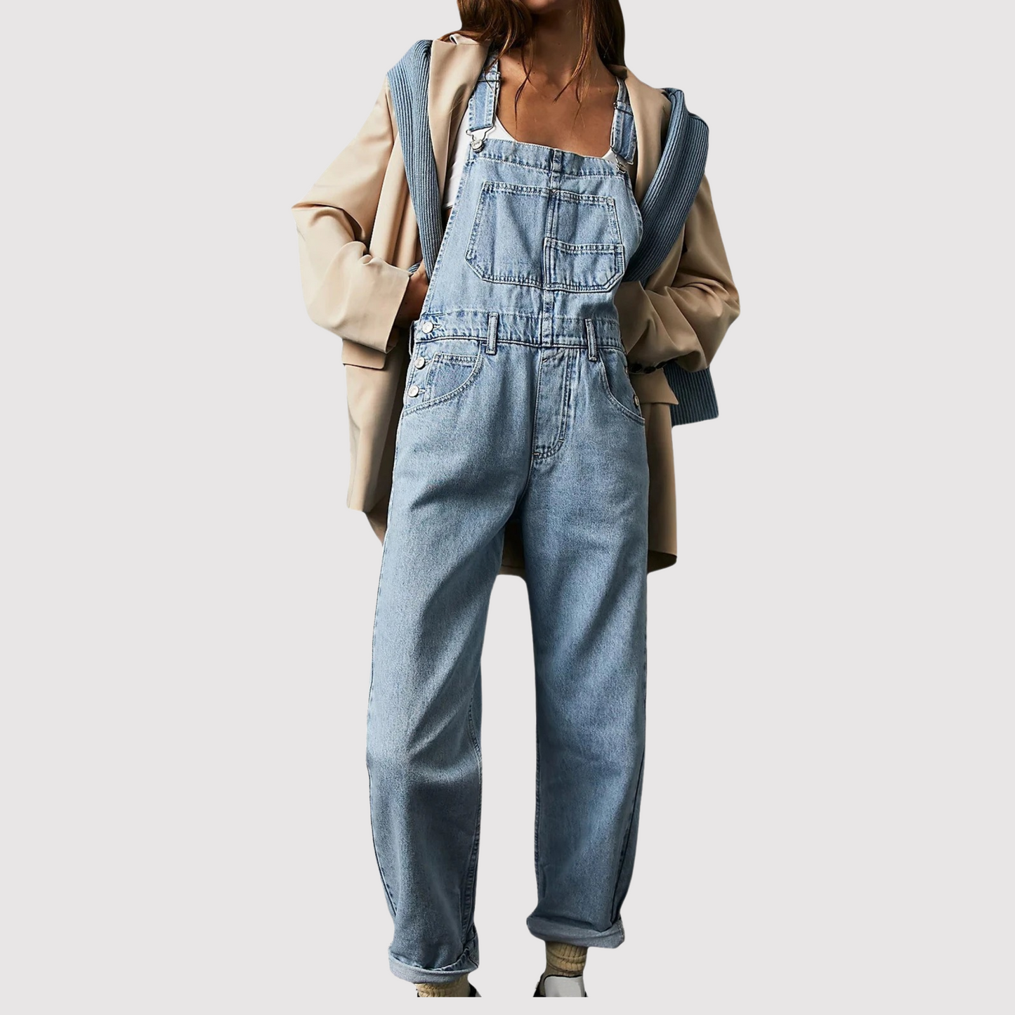 Women's casual blue denim overalls jumpsuit with adjustable shoulder straps and practical pockets