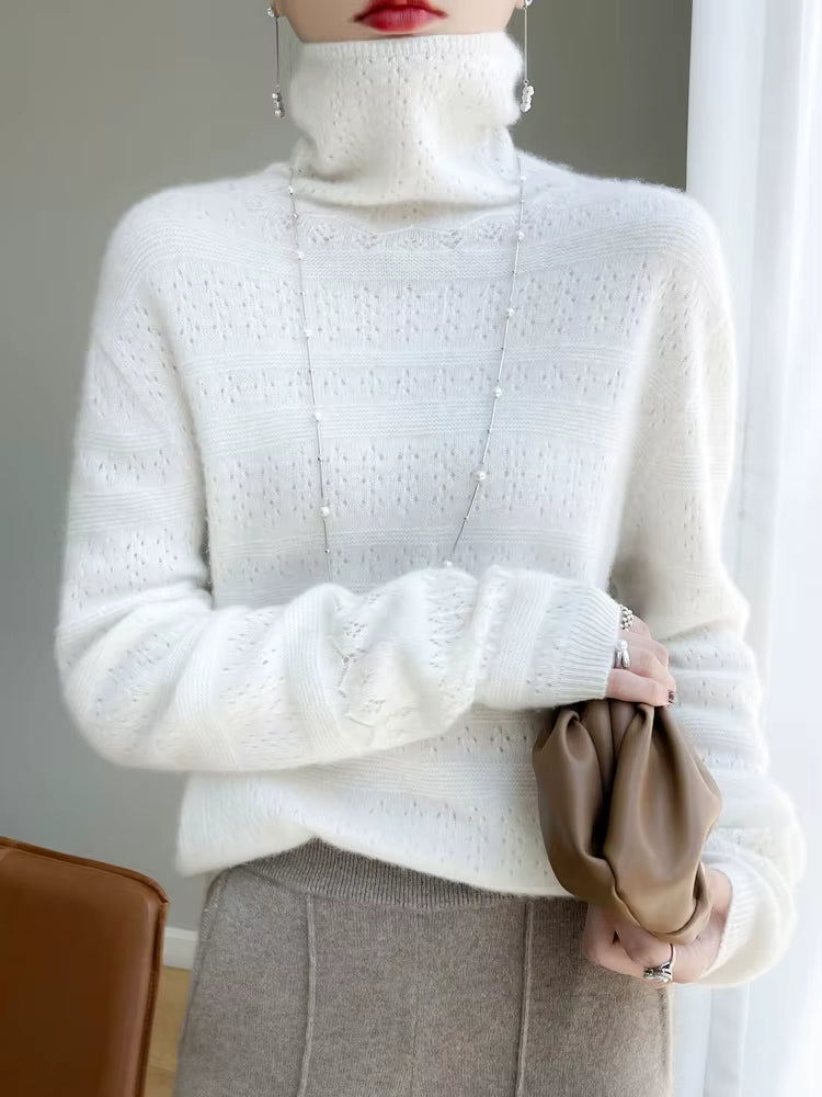 Women's wool turtleneck pullover in neutral tone, featherlight stacked collar knit with subtle pattern
