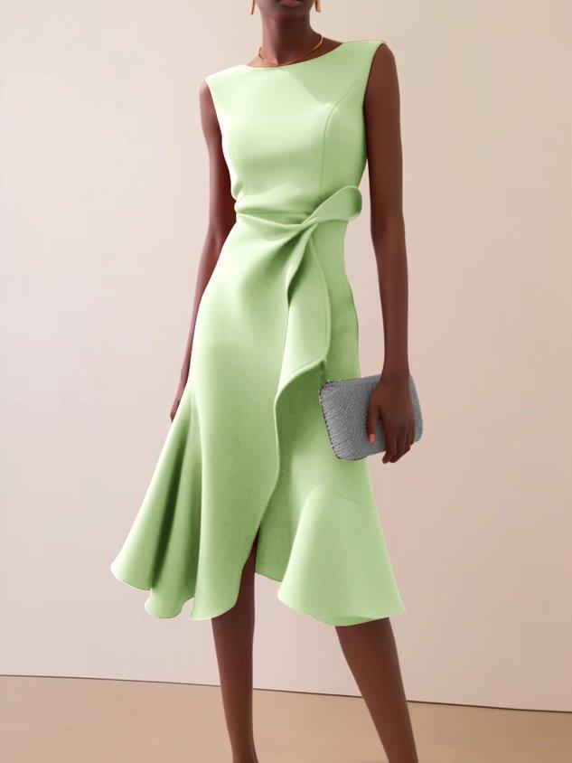 Red sleeveless midi dress with ruched twist waist, A-line silhouette for day-to-night versatility