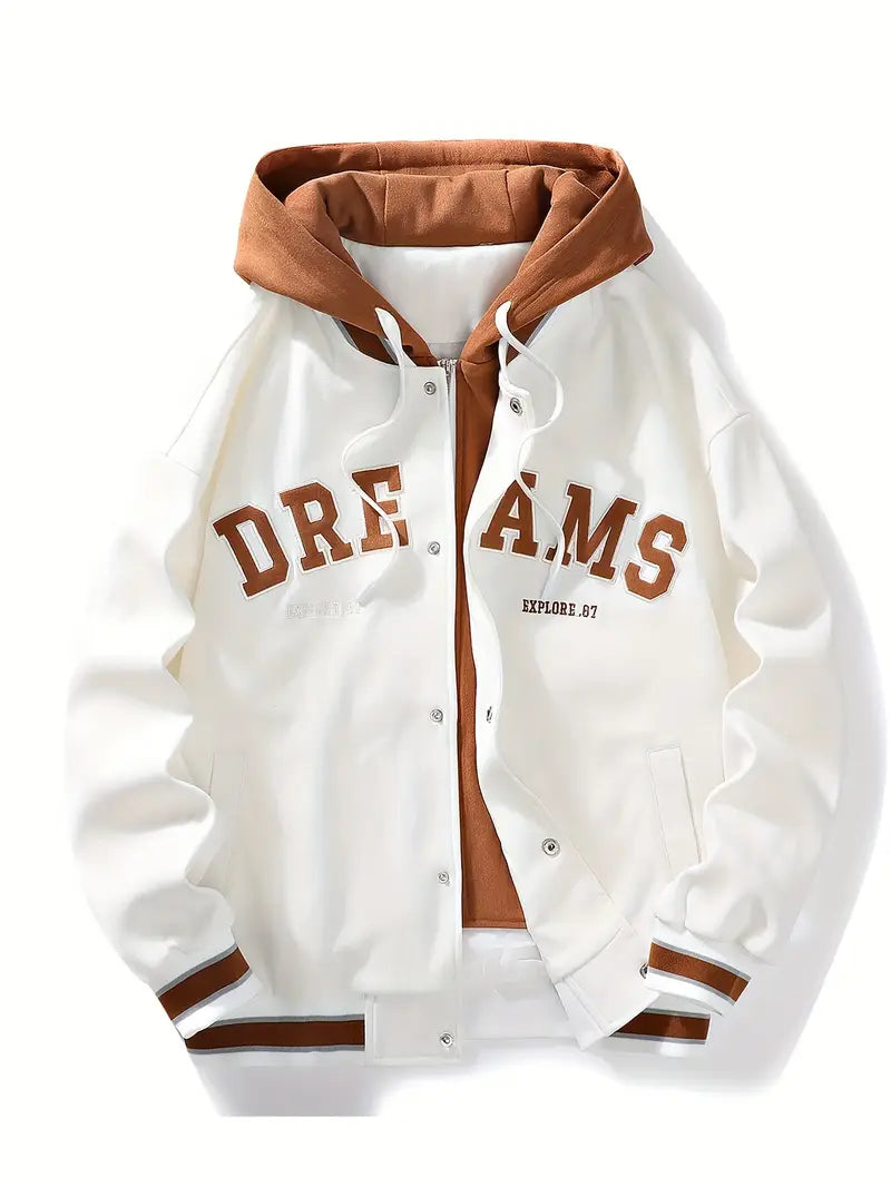 Black hoodie bomber jacket streetwear cut layered hood windproof hem embroidered Dreams signature patch