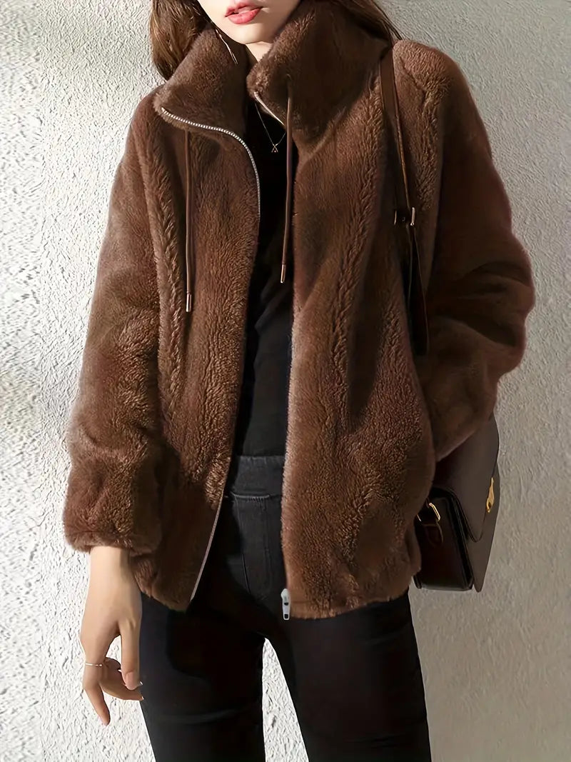 Women's oversized teddy fleece jacket soft plush texture high collar zip-up cozy essential