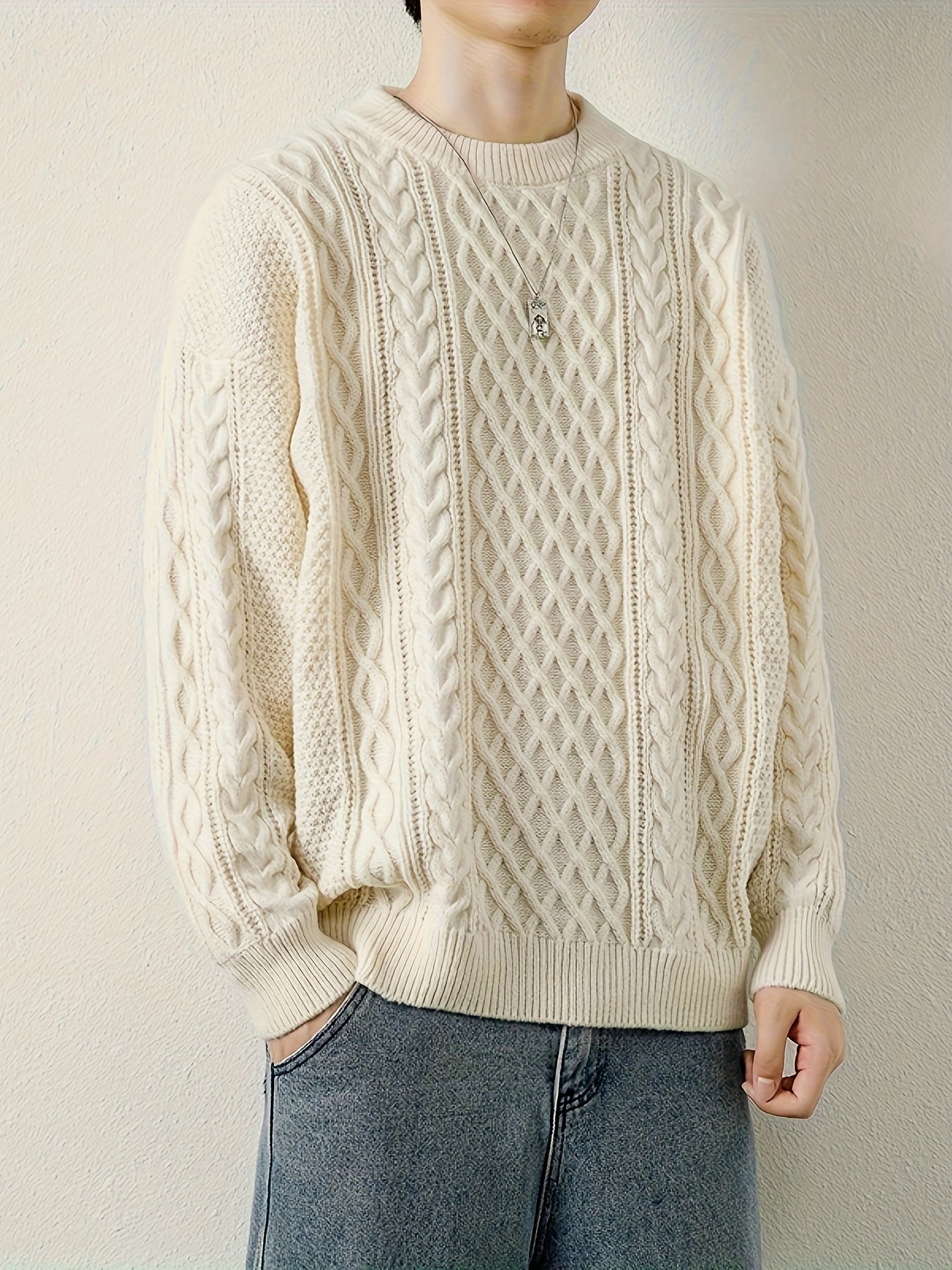 Men's cream cable knit jumper with high-density premium knit and reinforced stitching