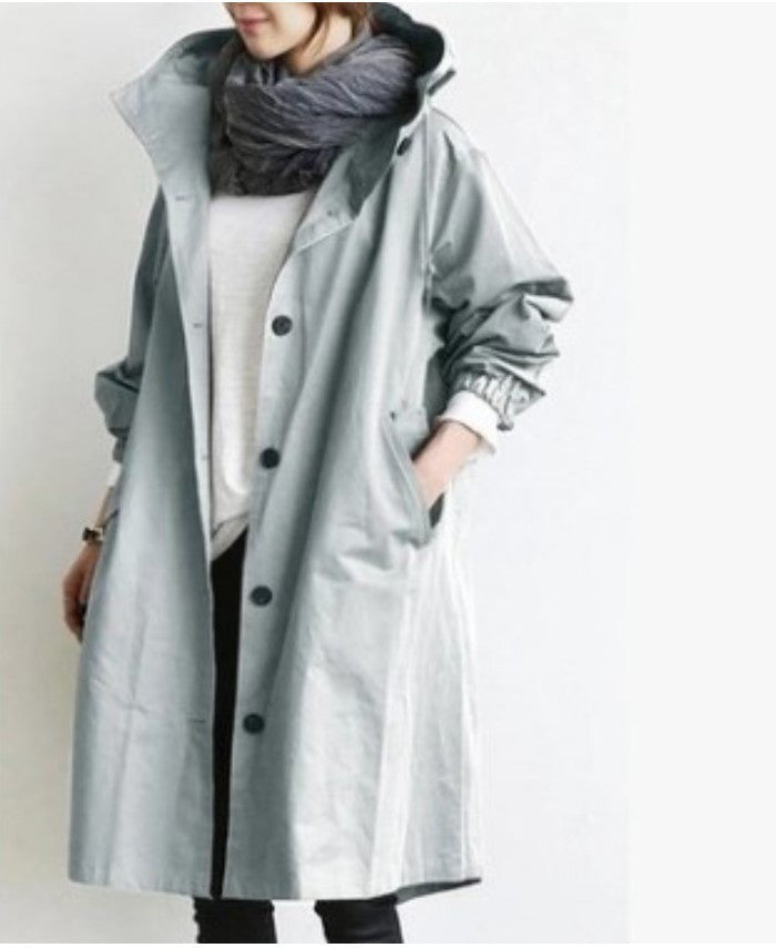 Women's lightweight hooded coat button closure mid-thigh length relaxed fit elastic cuffs casual style