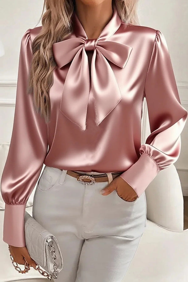 Women's satin blouse loose fit V-neck long sleeve top with elegant bow detail in solid color