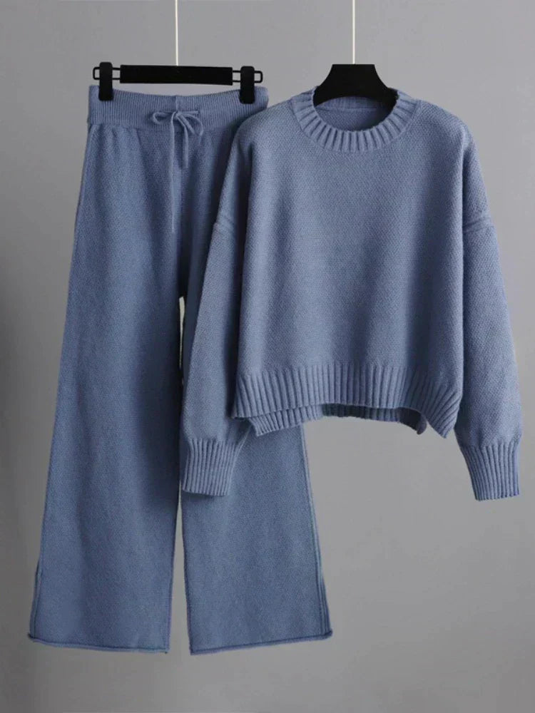 Women's luxury tricot two-piece drawstring outfit in neutral tones, flexible soft-knit comfort set