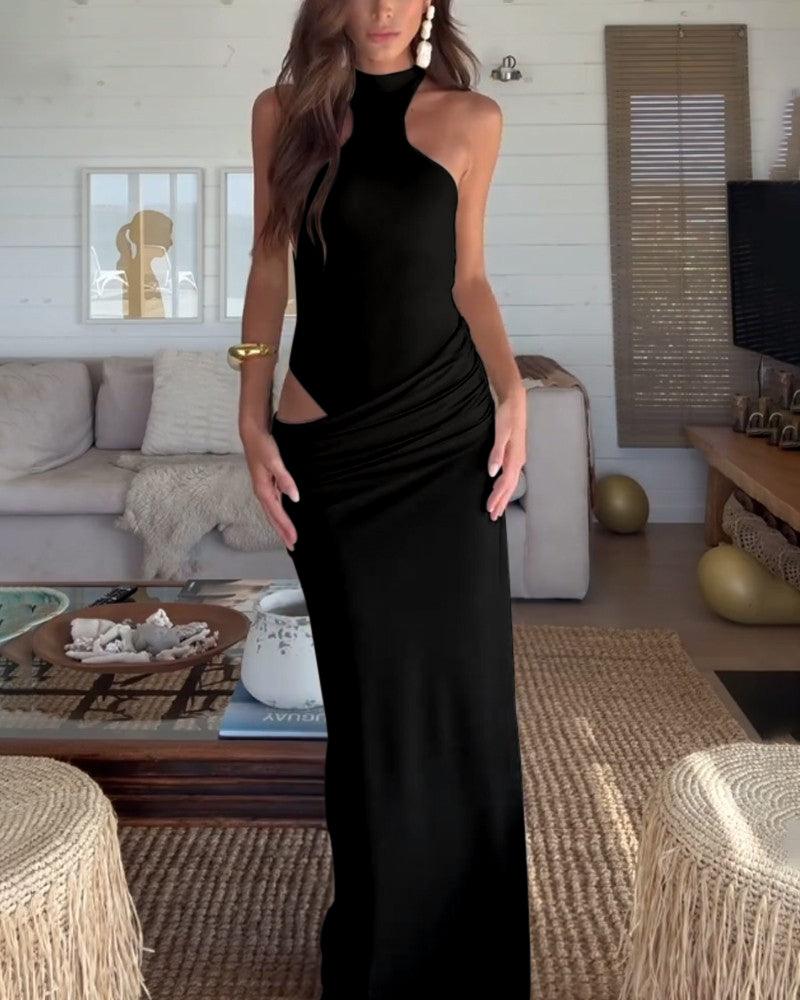Women's sleeveless hollow-out stretch polyester mini dress in solid color casual party style