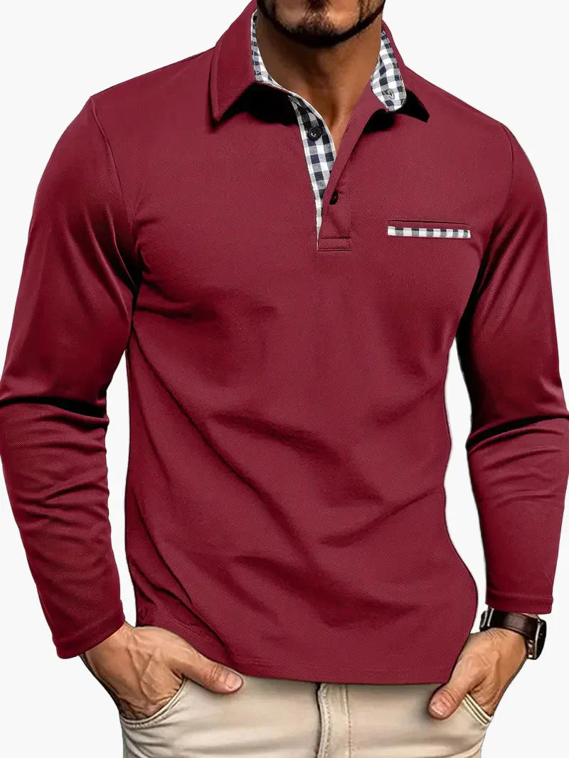 Men's slim-fit long sleeve polo shirt with elegant check collar detail for modern casual style