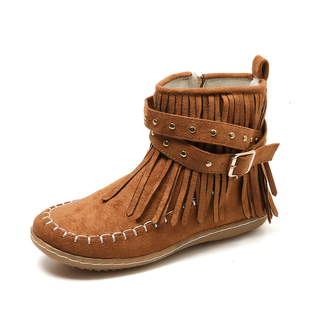 Women's brown fringe ankle boots with adjustable buckle and decorative fringe detailing for everyday style