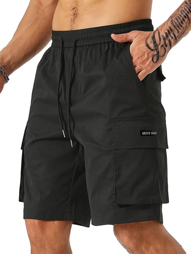 Men's khaki relaxed-fit cargo shorts with multiple utility pockets for outdoor activities