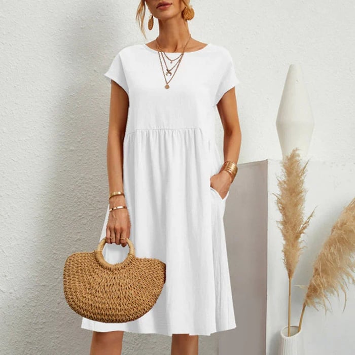 Mila minimalist midi dress for women, elegant round neckline, versatile office-to-event style
