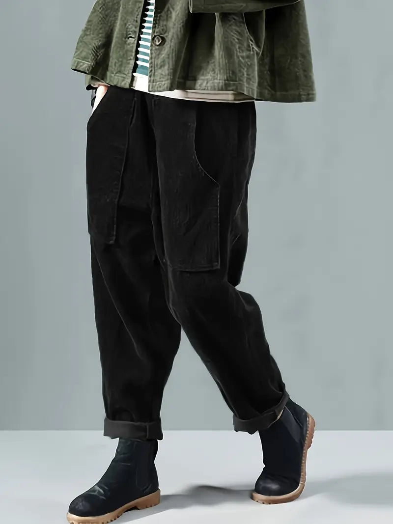 Women's brown corduroy high-rise straight-leg trousers with textured ribbed finish for winter