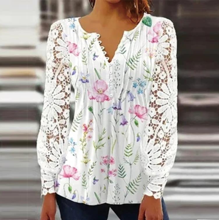 Women's solid color elegant T-shirt with delicate lace sleeves and pleated detailing