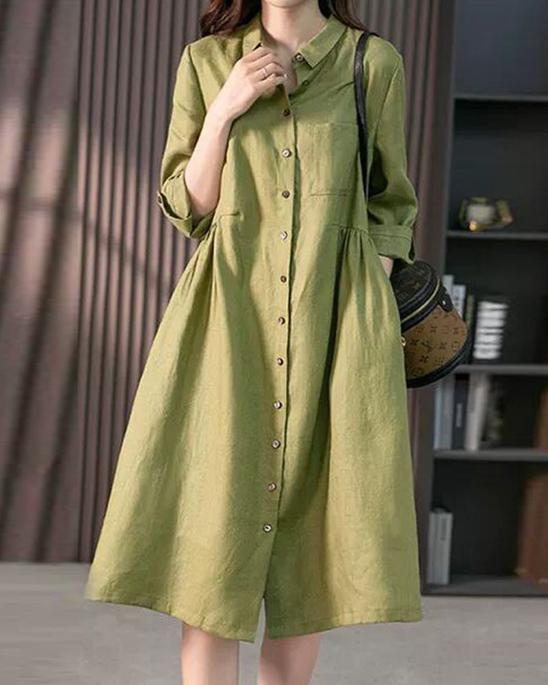 Women's linen blend shirt dress knee-length A-line silhouette three-quarter sleeves breathable casual chic