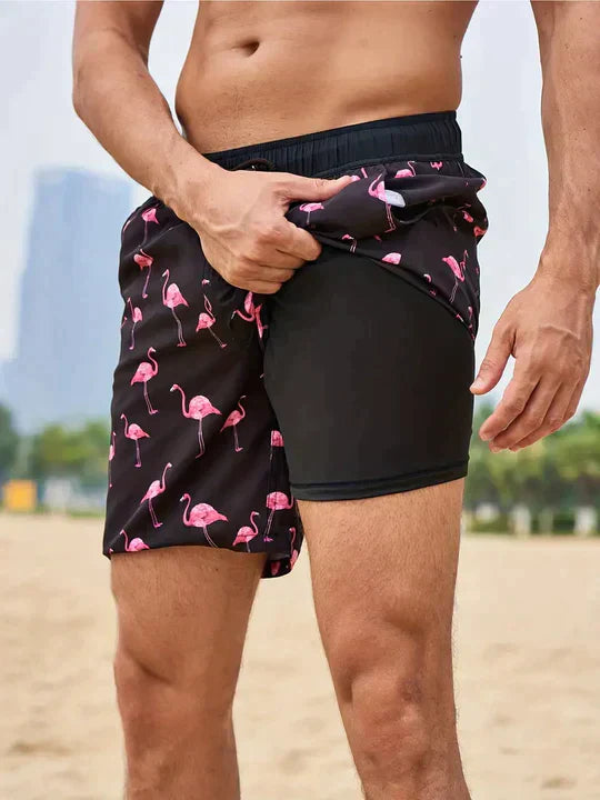 Men's drawstring beach shorts tropical palm print bold coastal pattern adjustable waist summer fit