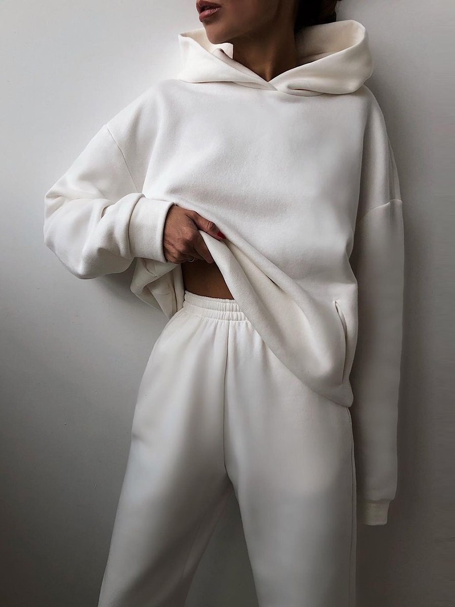 Women's solid color hooded tracksuit set casual two-piece with matching pants for fall winter