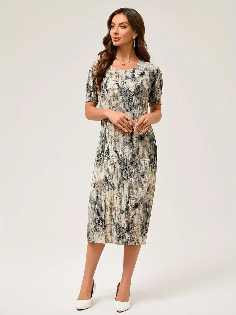 Women's pleated print summer dress elegant flowing cut lightweight breathable fabric trendy fashion