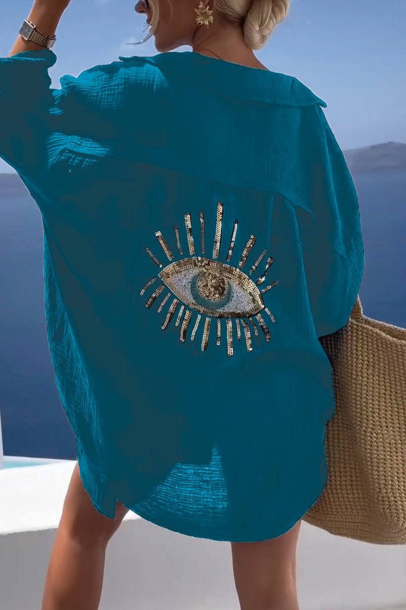 Women's white cotton casual sequin beaded shirt with sparkling embellishments and relaxed everyday fit